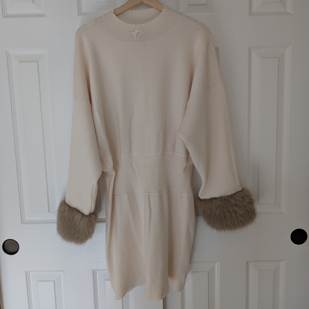 Anthropologie long-sleeve faux fur trim cuffs mini dress, cream, size 1X - Picture 5 of 10